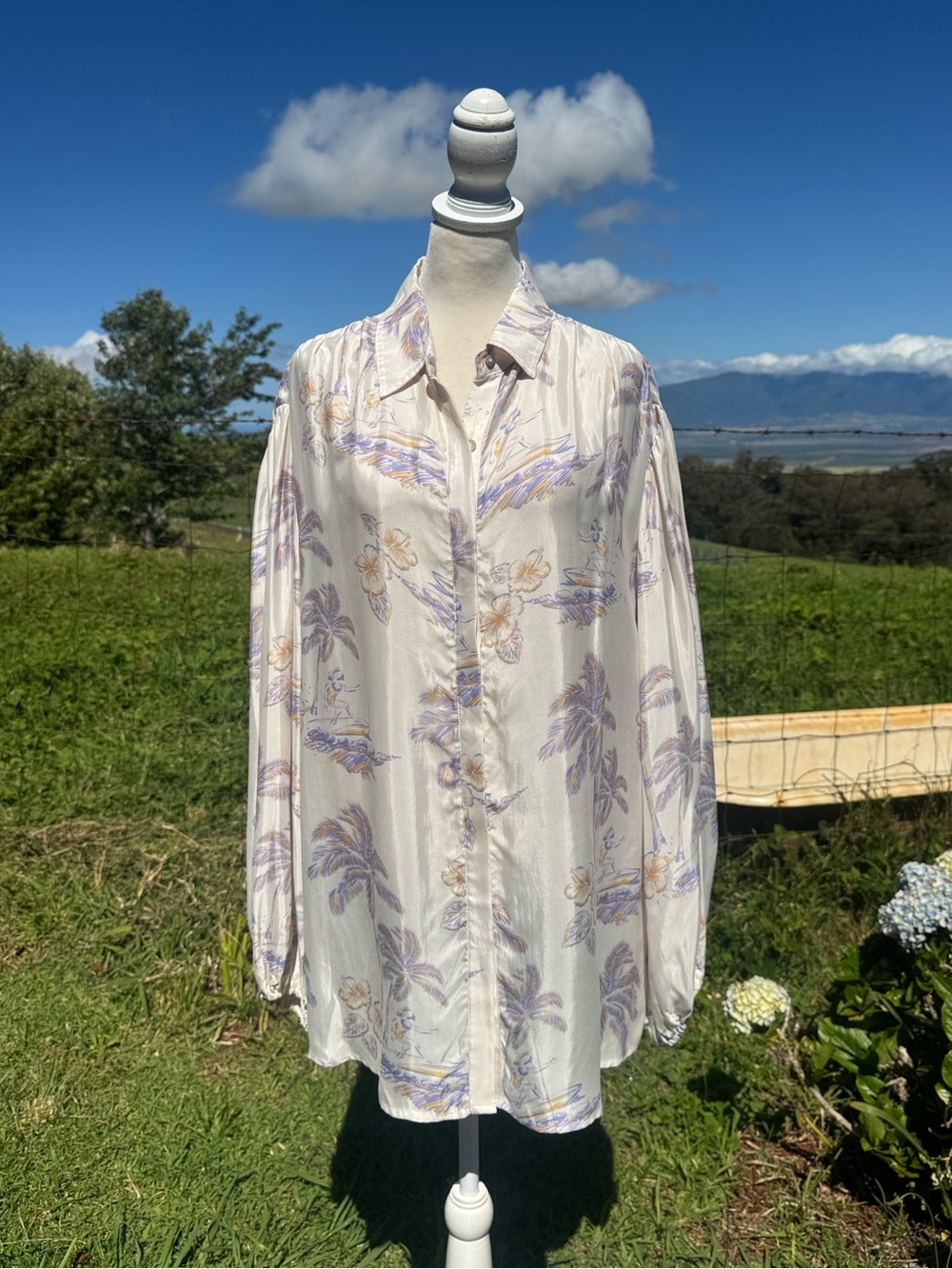 Jaxsea Hawaii Tropical Resortwear Satin Sheer Longsleeve Beach Shirt Dress large